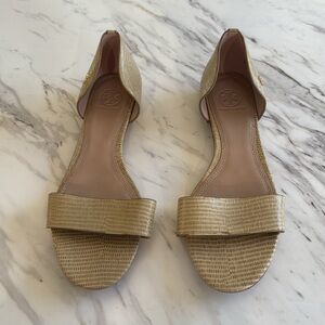 Tory‎ Burch Savannah D'Orsay Flat Sandals Tan Embossed Leather Strap Front Sz 10
